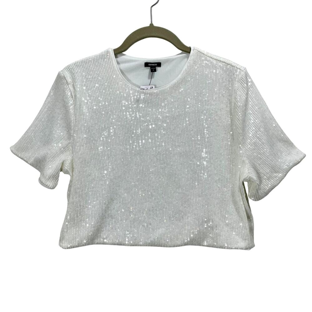 NWT Express White Sequin Short-Sleeve Crop Top Sparkle Sequin Women's Size Small